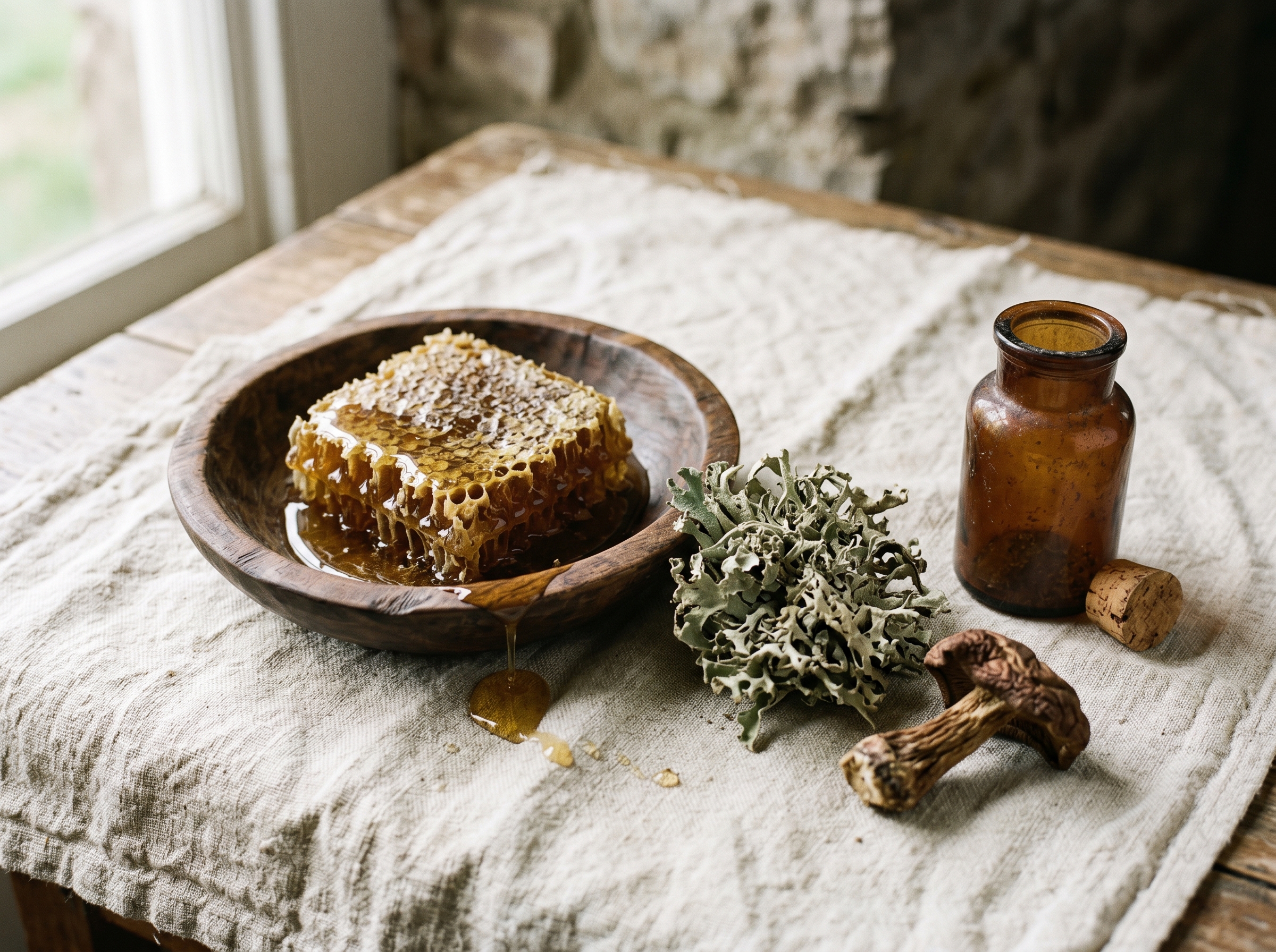 A wooden bowl of honeycomb with dried lichen and a brown apothecary jar on cream linen — Aesura Health's Mycotoxin mold exposure panel through Vibrant Wellness in Hackensack, Bergen County NJ.