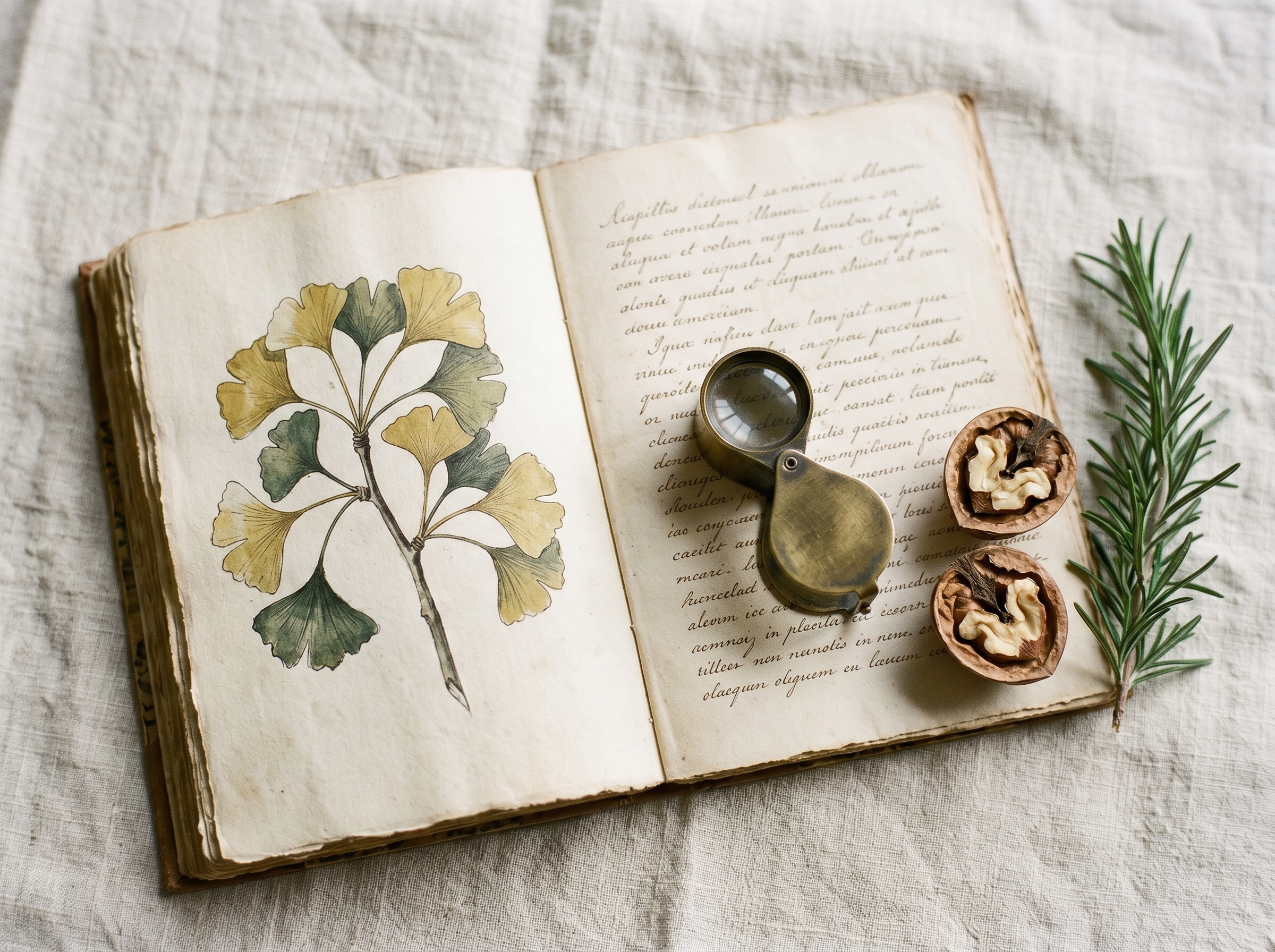An antique botanical journal showing a ginkgo branch with cracked walnuts and rosemary on cream linen — Aesura Health's Neural Zoomer Plus panel through Vibrant Wellness in Hackensack, Bergen County NJ.