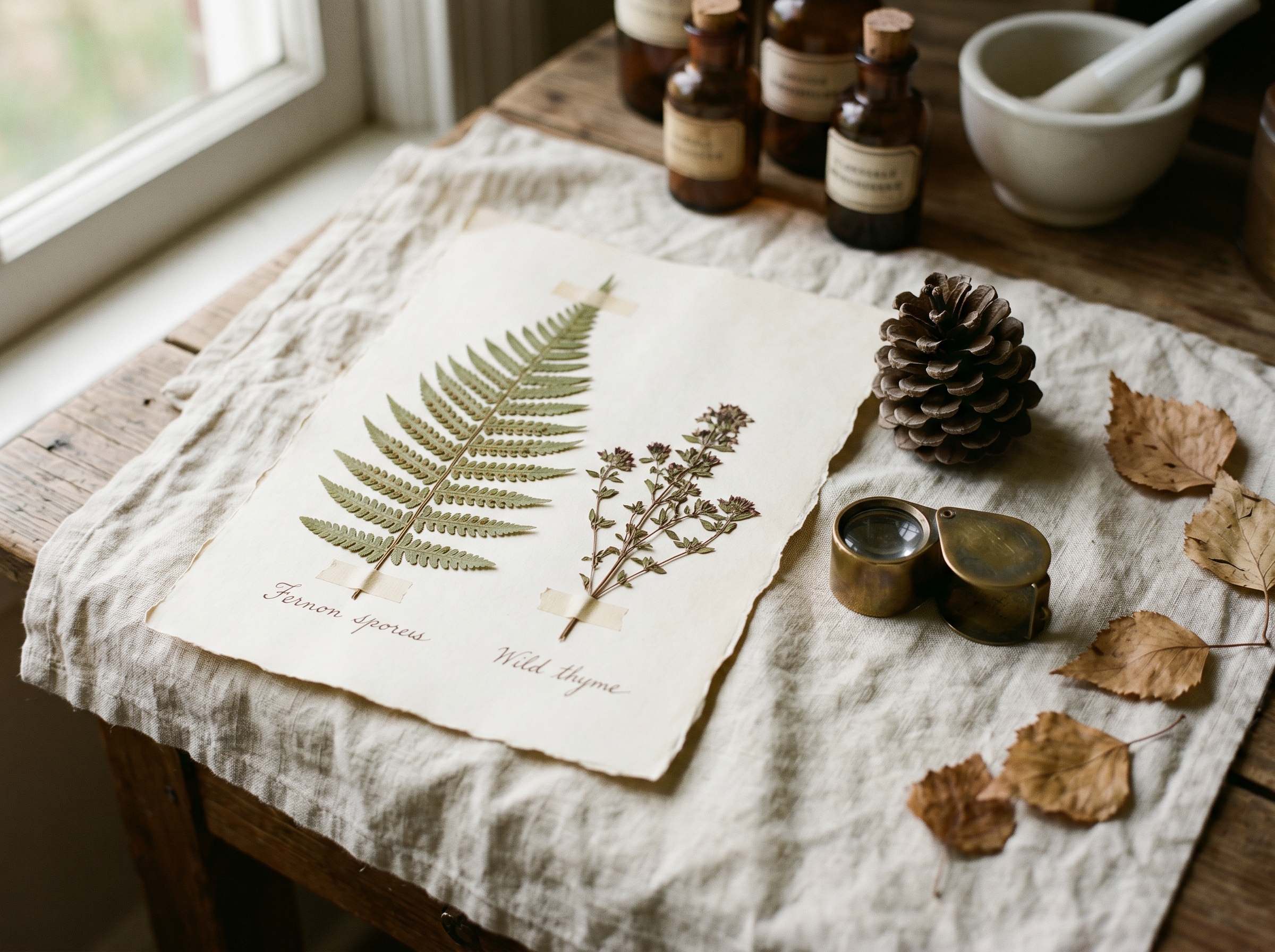 A pressed fern frond and wild thyme on aged parchment with a pinecone and brass loupe — Aesura Health's Tickborne and Lyme panel through Vibrant Wellness in Hackensack, Bergen County NJ.