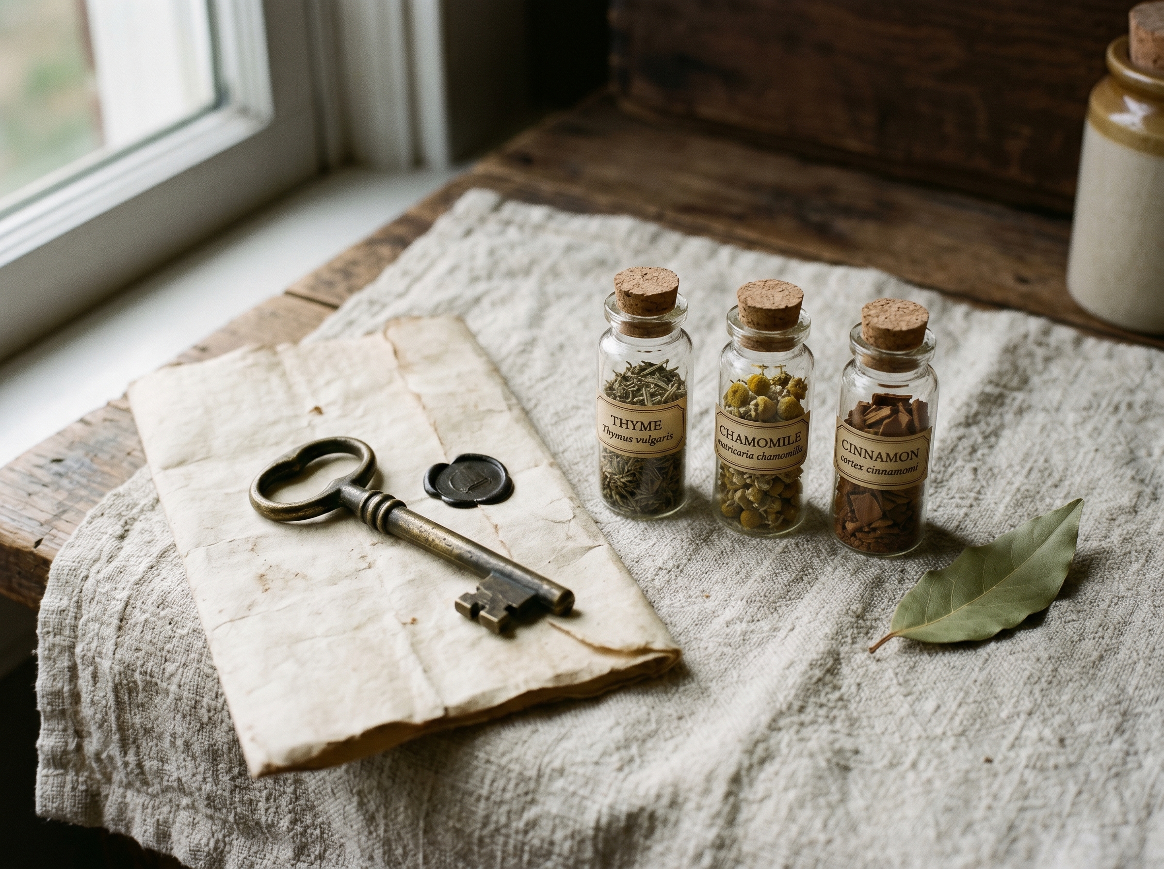 An antique brass key on aged parchment with three glass apothecary vials and dried bay leaf on cream linen — Aesura Health's Total Tox Burden panel through Vibrant Wellness in Hackensack, Bergen County NJ.