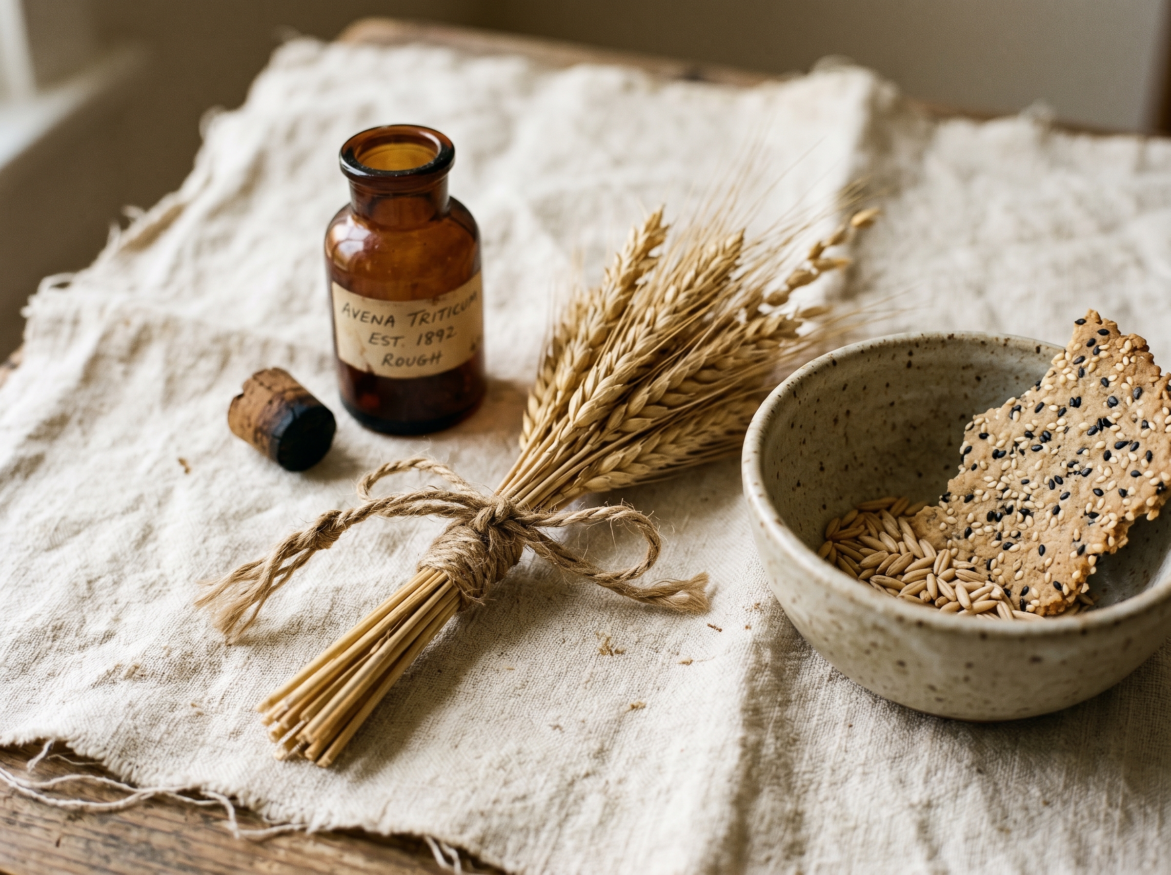 Golden wheat stalks tied with hemp twine and a bowl of oat groats on cream linen — Aesura Health's Wheat Zoomer gluten sensitivity panel through Vibrant Wellness in Hackensack NJ.