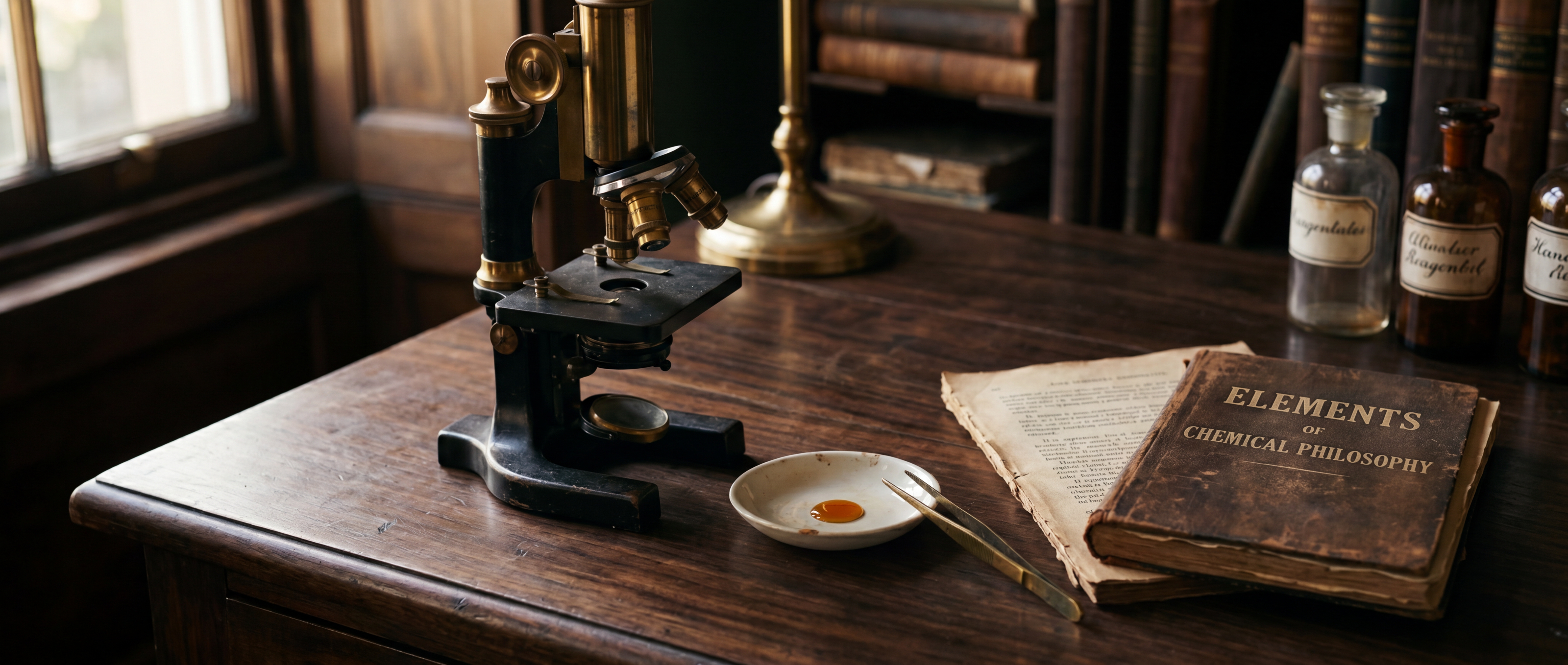 An antique brass-and-black microscope on a dark walnut desk beside a porcelain dish of amber liquid, brass tweezers and a folded chemistry monograph — Aesura Health's precision functional testing program in Hackensack, Bergen County NJ.