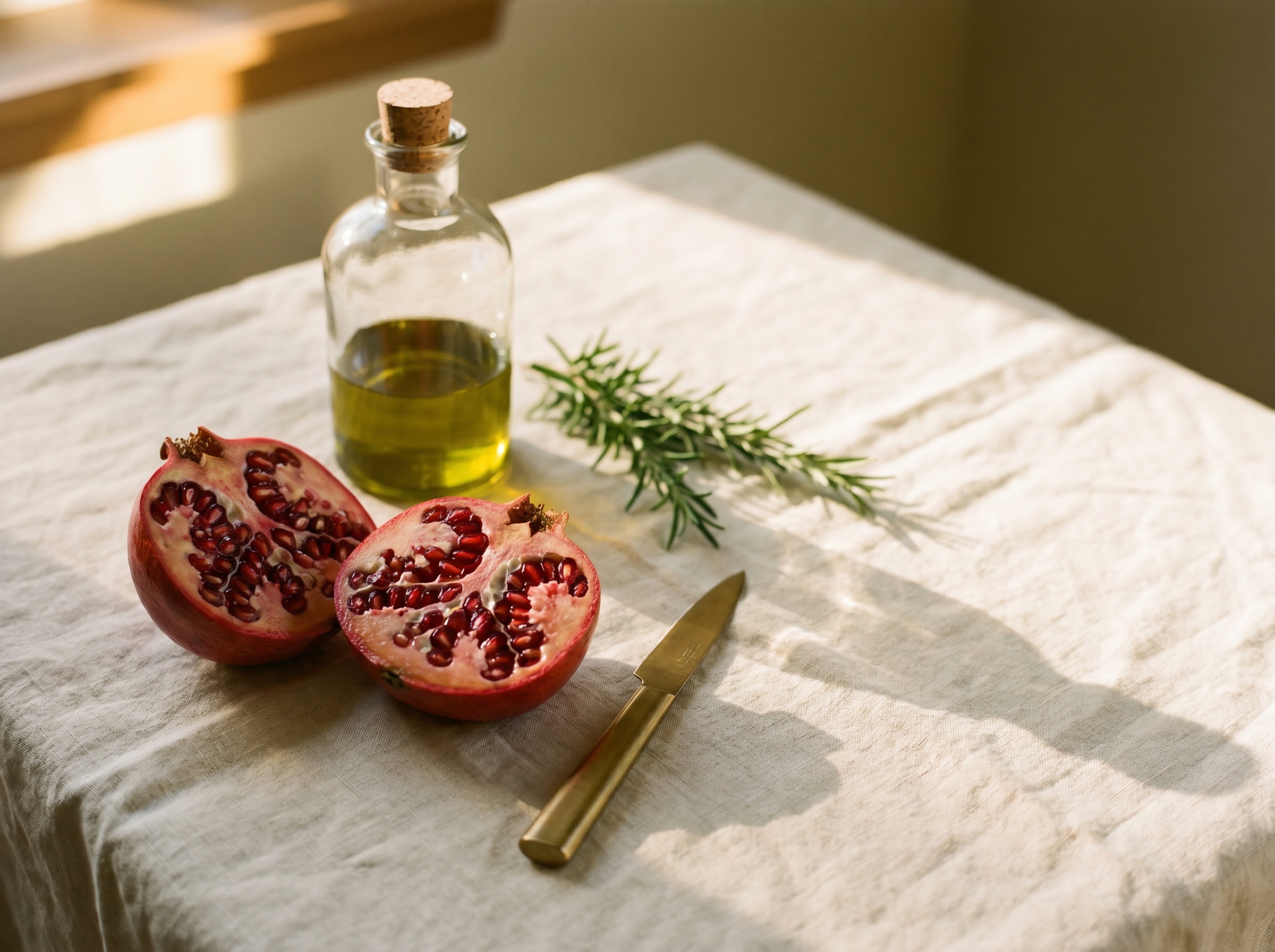 A halved pomegranate beside a small brass paring knife, a glass cruet of cold-pressed olive oil, and a sprig of fresh rosemary on cream linen — Aesura's metabolic, longevity-grade approach to weight loss.