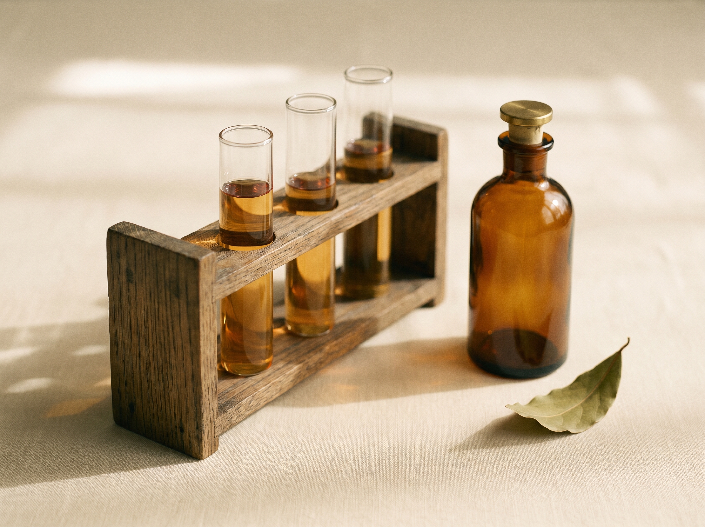 An oak laboratory rack with three slim glass vials of warm-amber liquid beside a hand-blown amber apothecary dropper bottle and a single dried bay leaf on cream linen — precision-dosed, individualized GLP therapy.